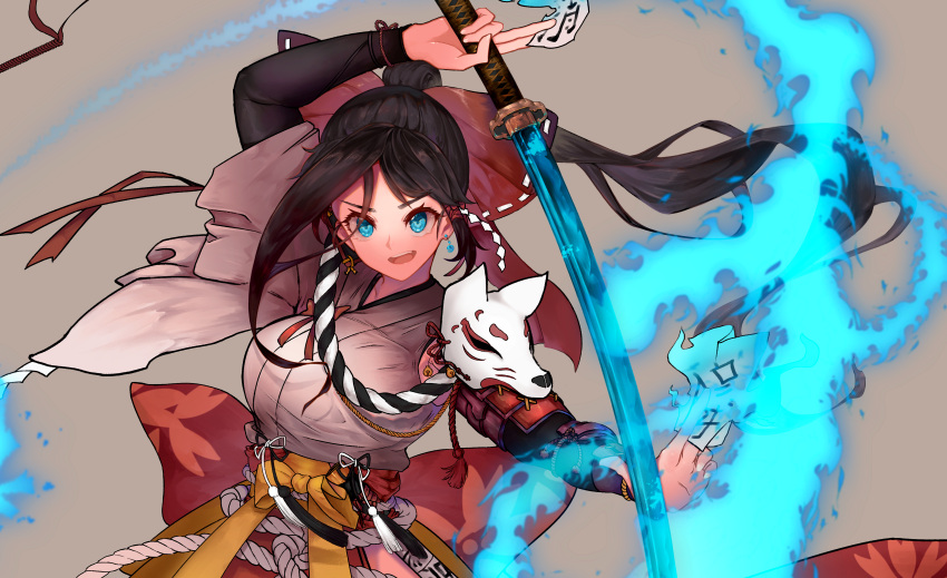absurdres black_hair blue_earrings blue_eyes blue_fire bow breasts brown_background earrings fire floatingapple hair_bow highres holding holding_weapon japanese_clothes jewelry katana long_sleeves looking_at_viewer mask mask_removed open_mouth original samurai shoulder_armor standing sword tassel upper_body weapon yellow_bow
