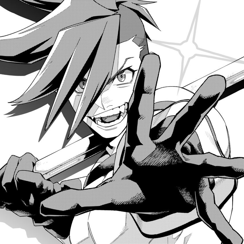 1boy black_gloves fangs galo_thymos gloves highres looking_at_viewer male_focus monochrome open_mouth outstretched_hand promare sano-dou shirtless smile spiky_hair teeth