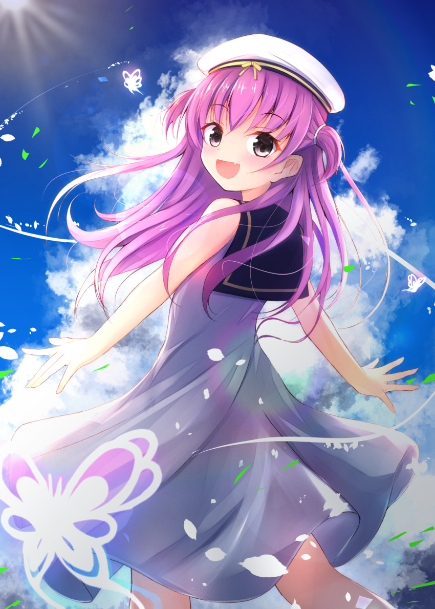 1girl :d bangs bare_arms bare_shoulders beret black_sailor_collar blue_sky blush clouds cloudy_sky commentary_request day dress eyebrows_visible_through_hair fang hair_between_eyes hat highres katou_umi looking_at_viewer looking_back open_mouth outdoors pink_eyes purple_hair sailor_collar sky sleeveless sleeveless_dress smile solo summer_pockets two_side_up white_dress white_headwear wind ymd_(holudoun)