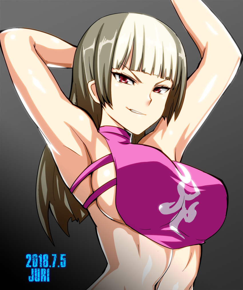 1girl 2018 armpits arms_up bangs black_hair blunt_bangs breasts character_name chinese_clothes dated dudou grin hair_down halter_top halterneck han_juri highres large_breasts long_hair looking_at_viewer multicolored_hair navel no_bra okyou red_eyes sideboob smile solo street_fighter street_fighter_v toned tsurime two-tone_hair white_hair