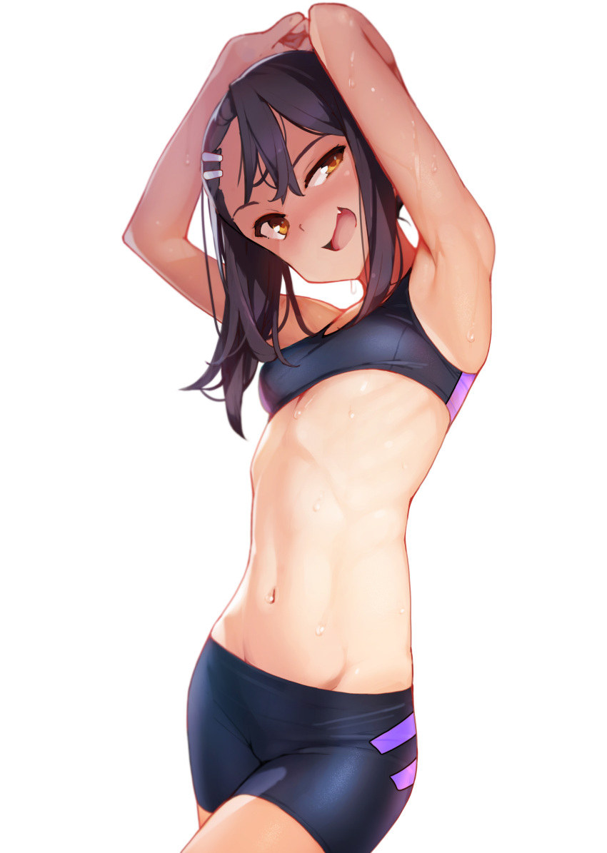 1girl :d absurdres armpits arms_up ataruman bike_shorts black_hair blush breasts commentary_request fang gesugao groin hair_ornament hairclip highres ijiranaide_nagatoro-san long_hair looking_at_viewer nagatoro navel one-piece_tan open_mouth orange_eyes simple_background skin_fang small_breasts smile solo sports_bra stomach sweat tan tanline uneven_eyes white_background