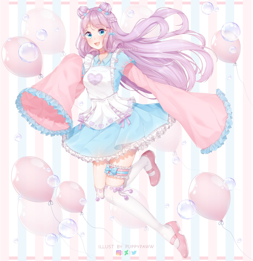 1girl apron artist_name balloon bangs blue_blow blue_dress blue_eyes bow braid bubble commentary commission deviantart_logo double_bun dress english_commentary eyebrows_visible_through_hair full_body heart highres instagram_logo kneehighs long_hair long_sleeves looking_at_viewer original pink_hair pink_ribbon puppypaww ribbon sleeves_past_fingers sleeves_past_wrists smile solo striped striped_background twitter_logo white_apron white_legwear wide_sleeves