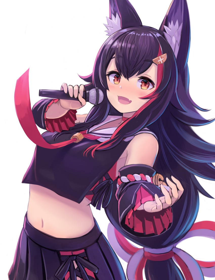 1girl animal_ear_fluff animal_ears bell black_hair blush choker commentary cowboy_shot detached_sleeves enumiyan fang hair_ornament hairclip highres holding holding_microphone hololive japanese_clothes kouhaku_nawa long_hair looking_at_viewer microphone music navel ookami_mio open_mouth red_choker red_neckwear redhead singing skin_fang smile solo tail virtual_youtuber wolf_ears wolf_tail yellow_eyes