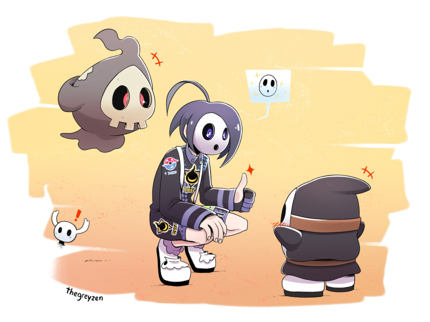 ! blush_stickers duskull hollow_knight super_mario_bros. mask onion_(pokemon) pokemon purple_hair shorts shy_guy sparkle squatting super_mario_bros. suspenders thegreyzen thumbs_up violet_eyes white_footwear