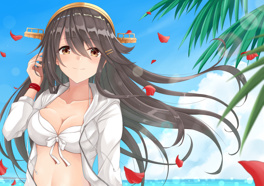 1girl absurdres bangs bikini_top black_hair blue_sky blush breasts brown_eyes closed_mouth collarbone commentary_request eyebrows_visible_through_hair gensoukitan hair_between_eyes hair_ornament hairband haruna_(kantai_collection) highres huge_filesize kantai_collection leaf long_hair looking_at_viewer outdoors petals remodel_(kantai_collection) sky smile solo swimsuit upper_body