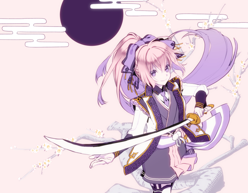 1girl aoi_sakurako bangs bow brown_background closed_mouth collared_shirt commentary_request egasumi eyebrows_visible_through_hair floating_hair flower full_moon gloves grey_kimono hair_between_eyes hair_bow high_ponytail highres holding holding_sword holding_weapon jacket japanese_clothes katana kimono long_hair long_sleeves moon multicolored_hair open_clothes open_jacket original pantyhose pink_hair ponytail purple_bow purple_hair shirt sidelocks smile solo sword tree_branch two-tone_hair very_long_hair violet_eyes weapon white_flower white_gloves white_jacket white_legwear white_shirt