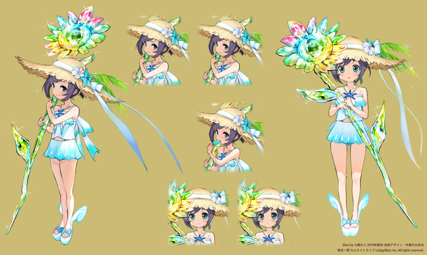 1girl artist_name blue_eyes blue_footwear blue_skirt brown_background dated flower food hat hat_ornament highres holding holding_flower looking_at_viewer multiple_views nanase_miri official_art popsicle sandals simple_background skirt smile standing straw_hat watermark