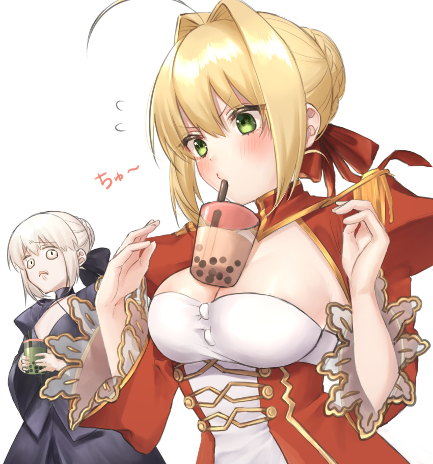 2girls artoria_pendragon_(all) bangs black_bow black_dress blonde_hair bow braid breasts brown_hair bubble_tea bubble_tea_challenge cup disposable_cup dress drinking drinking_straw epaulettes eyebrows_visible_through_hair fate/extra fate/stay_night fate_(series) flying_sweatdrops green_eyes hair_between_eyes hair_bow hair_bun hair_intakes hands_up highres juliet_sleeves large_breasts long_sleeves multiple_girls nero_claudius_(fate) nero_claudius_(fate)_(all) object_on_breast puffy_sleeves red_bow red_dress saber_alter sidelocks simple_background translated white_background wide_sleeves yayoimaka03