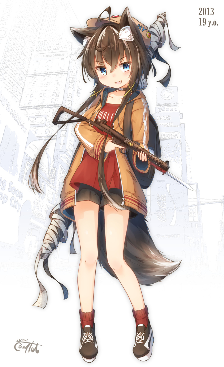 1girl :3 :d absurdres animal_ear_fluff animal_ears backpack bag bare_legs blue_eyes brooch brown_hair clothes_writing commentary_request coreytaiyo dated gun hat highres hood hood_down hoodie jewelry long_sleeves open_clothes open_hoodie open_mouth original shirt shoes short_hair_with_long_locks short_shorts shorts signature smile smug socks tail weapon wolf_ears wolf_tail