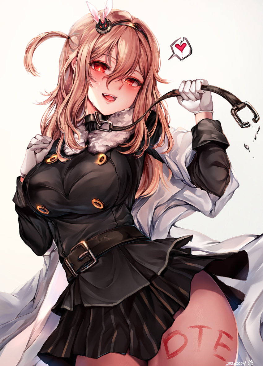 1girl alternate_color bangs belt black_jacket black_skirt blush breasts buckle collar cowboy_shot eyebrows_visible_through_hair fangs fur-trimmed_jacket fur_trim girls_frontline glint gloves hair_between_eyes hair_ornament hairband heart highres holding_leash jacket leash light_brown_hair long_hair looking_at_viewer medium_breasts open_mouth painteen red_eyes sidelocks signature simple_background skirt slit_pupils smile snowflake_hair_ornament solo spoken_heart suomi_kp31_(girls_frontline) white_background white_gloves