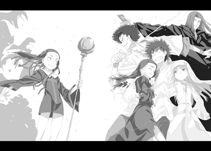 3boys 3girls agnese_sanctis battle braid clenched_teeth closed_eyes collared_shirt dress dress_shirt floating_hair greyscale haimura_kiyotaka hands_on_hips highres holding holding_staff holding_sword holding_weapon index kamijou_touma long_hair long_sleeves monochrome multiple_boys multiple_girls novel_illustration nun official_art orsola_aquinas pants shirt short_dress spiky_hair staff stiyl_magnus sword tatemiya_saiji teeth to_aru_majutsu_no_index torn_clothes torn_dress veil weapon wide_sleeves wing_collar