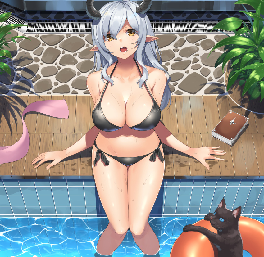 1girl absurdres bikini black_bikini breasts cat collarbone from_above highres horns innertube large_breasts long_hair looking_at_viewer navel open_mouth original phano_(125042) plant pointy_ears pool poolside potted_plant side-tie_bikini silver_hair sitting soaking_feet solo swimsuit water wet yellow_eyes