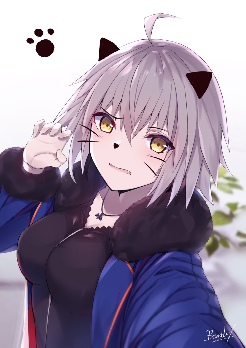 1girl ahoge animal_ears bee_doushi black_shirt blue_jacket blush breasts cape cat_ears cat_paw commentary_request eyebrows_visible_through_hair facial_mark fake_animal_ears fang fate/grand_order fate_(series) fur-trimmed_cape fur_collar fur_trim grey_hair highres jacket jeanne_d'arc_(alter)_(fate) jeanne_d'arc_(fate)_(all) jewelry large_breasts looking_at_viewer necklace self_shot shirt short_hair signature solo yellow_eyes