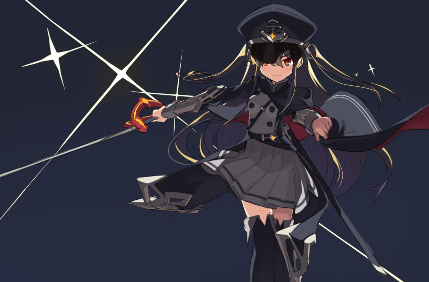 1girl bangs black_cape black_headwear black_legwear blonde_hair cape closed_mouth commentary copyright_request eyebrows_visible_through_hair grey_background grey_shirt grey_skirt hair_between_eyes hat highres holding holding_sword holding_weapon long_hair long_sleeves looking_at_viewer military military_hat military_uniform peaked_cap pleated_skirt red_eyes saber_(weapon) sheath shirt skirt solo sparkle sword symbol_commentary tekka_maki_(wafuu-bune) thigh-highs two_side_up uniform unsheathed v-shaped_eyebrows very_long_hair weapon