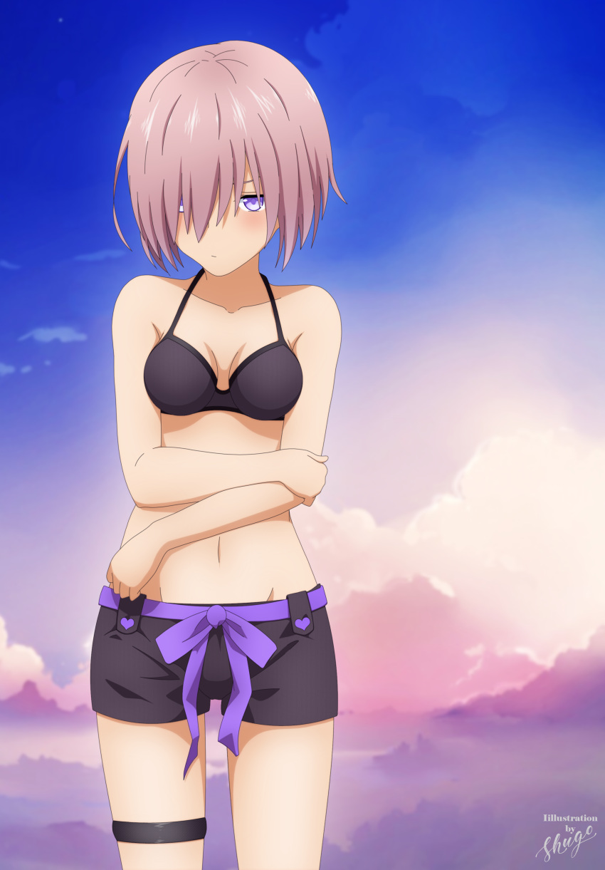 1girl absurdres arm_grab artist_name benjoerres bikini blue_sky blush breasts clouds crossed_arms fate/grand_order fate/stay_night fate_(series) groin hair_over_one_eye highres mash_kyrielight medium_breasts navel pout purple_hair shielder_(fate/grand_order) short_hair shorts sky solo swimsuit thighs tokyo_mx type-moon ufotable upset violet_eyes