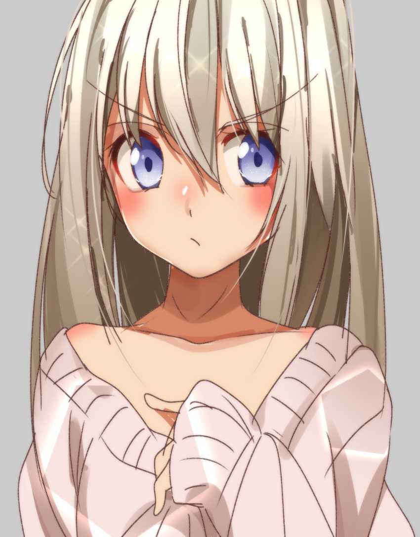 1girl absurdres alternate_hairstyle bangs blue_eyes blush frown gakkou_gurashi! hair_between_eyes highres long_hair long_sleeves looking_at_viewer naoki_miki shiny shiny_hair silver_hair sinakyo sweater v-shaped_eyebrows