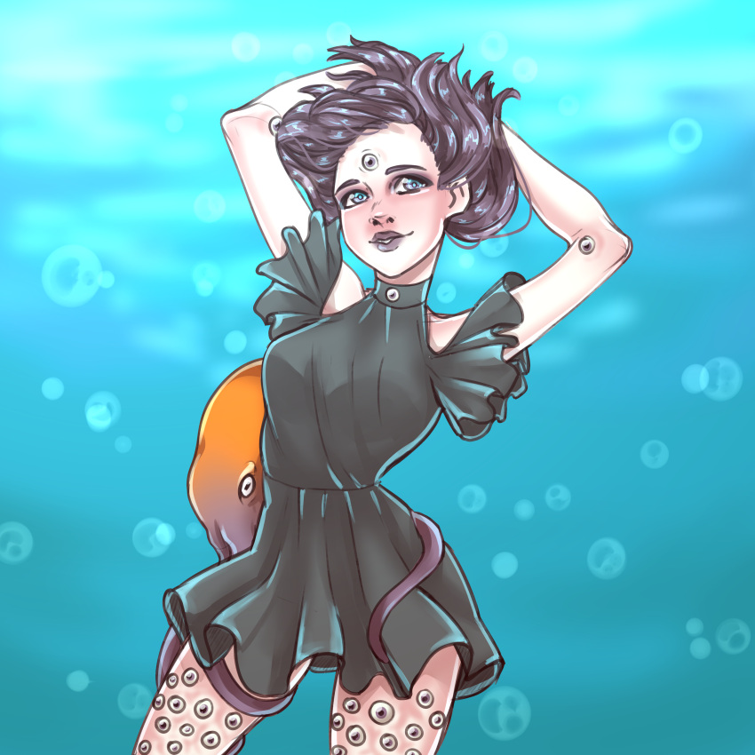 1girl absurdres aqua_eyes black_dress breasts dress extra_eyes hand_on_own_head hands_up highres medium_breasts medium_hair messenger_(41986996) multicolored_hair octopus original simple_background solo standing trypophobia