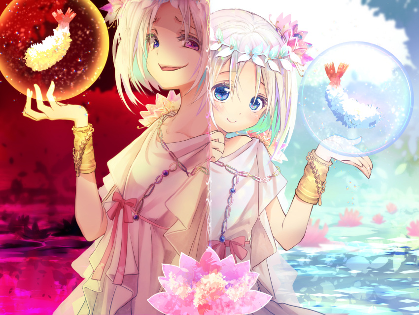 1girl blue_eyes blue_sky bow bracelet bubble chain clouds dress flower hair_flower hair_ornament hand_up heterochromia highres jewelry landsel looking_at_viewer multiple_views official_art okatani_umako outdoors pink_bow pink_eyes red_sky shrimp sky standing white_dress white_hair