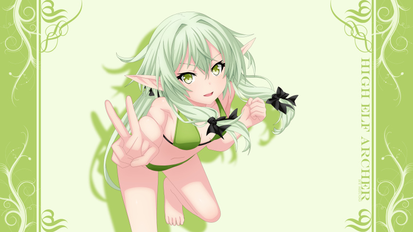 1girl absurdres benjoerres bikini black_ribbon breasts character_name ears elf goblin_slayer! green_bikini green_eyes hair_between_eyes hair_ribbon high_elf_archer_(goblin_slayer!) highres long_hair looking_at_viewer pointy_ears ribbon small_breasts smile solo swimsuit v wallpaper