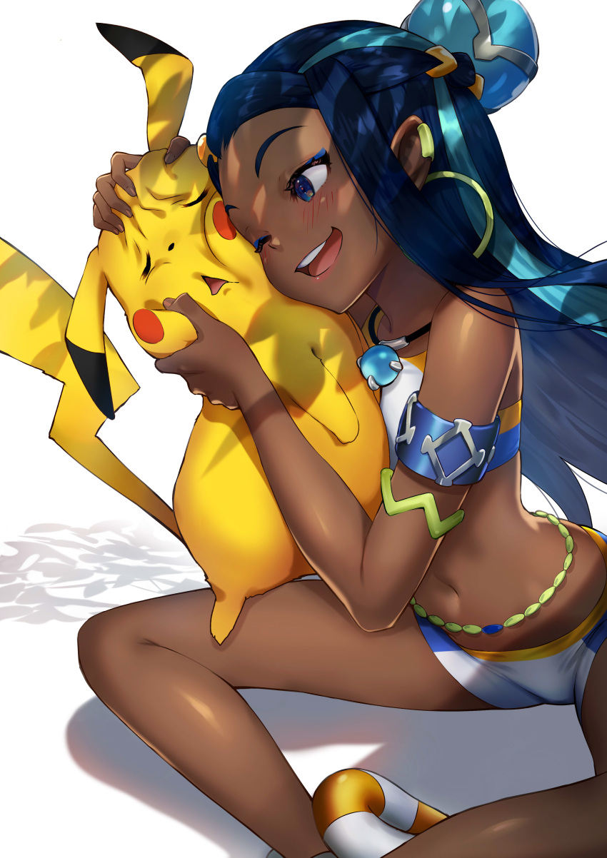 1girl absurdres aqua_hair armlet bare_legs bare_shoulders belly_chain blue_eyes blue_hair blush bun_cover cheek-to-cheek closed_eyes commentary_request dappled_sunlight dark_skin ear_clip earrings eyeshadow gen_1_pokemon gym_leader hair_bun hand_on_another's_cheek hand_on_another's_face hand_on_another's_head highres hoop_earrings jewelry long_hair looking_at_another makeup multicolored_hair navel one_eye_closed open_mouth pendant pikachu pokemon pokemon_(creature) pokemon_(game) pokemon_swsh rurina_(pokemon) shade sidelocks sitting smile sportswear stomach sunlight swimsuit tabobox tankini tree_shade triangle_mouth two-tone_hair upper_teeth