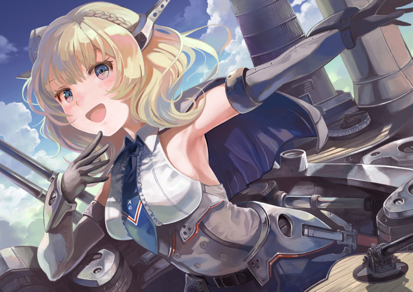 1girl black_gloves blonde_hair blue_eyes blue_neckwear blush breasts capelet colorado_(kantai_collection) dress elbow_gloves garrison_cap gloves grey_dress grey_headwear hat headgear kantai_collection large_breasts looking_at_viewer machinery mat_(seiga38529) necktie open_mouth pleated_dress shirt short_hair side_braids sideboob sleeveless smile solo turret white_shirt