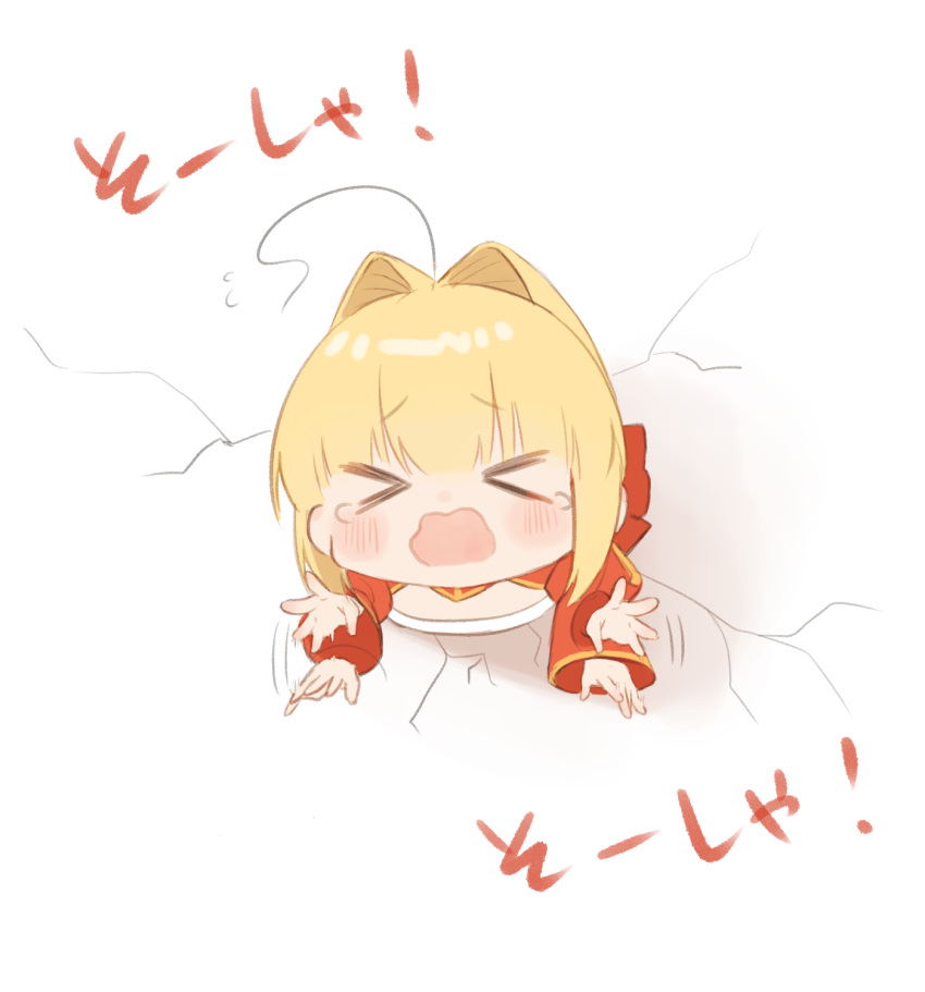 &gt;_&lt; 1girl afterimage ahoge blonde_hair blush bow chibi closed_eyes cracked_wall dress eyebrows_visible_through_hair facing_viewer fate/extra fate_(series) flailing flying_sweatdrops hair_bow hair_intakes highres juliet_sleeves long_sleeves nero_claudius_(fate) nero_claudius_(fate)_(all) open_mouth puffy_sleeves red_bow red_dress sidelocks solo stuck tearing_up tears through_wall translation_request waving_arms wavy_mouth white_background wide_sleeves yayoimaka03