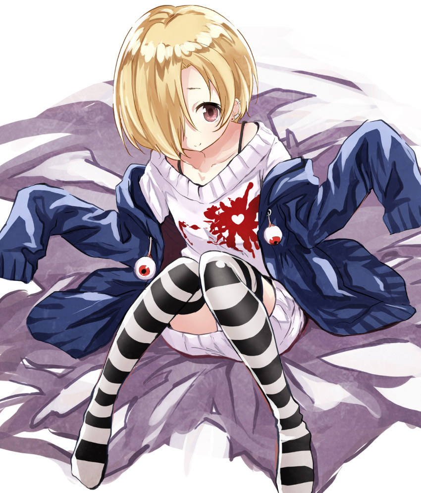 1girl abe_kanari blonde_hair brown_eyes hair_over_one_eye highres idolmaster idolmaster_cinderella_girls looking_at_viewer no_shoes panties pantyshot pantyshot_(sitting) shirasaka_koume short_hair sitting sleeves_past_wrists solo striped striped_legwear thigh-highs underwear