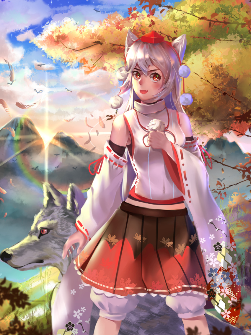 1girl :d alternate_hair_length alternate_hairstyle animal_ears autumn_leaves bangs black_skirt bloomers blue_sky blush branch breasts chinese_commentary clenched_hand clouds commentary_request covered_navel cowboy_shot day fang feathers grass hat highres inubashiri_momiji lens_flare long_hair long_sleeves looking_at_viewer medium_breasts midriff_peek mountain multicolored multicolored_clothes multicolored_skirt open_mouth outdoors pom_pom_(clothes) red_eyes red_skirt ribbon-trimmed_sleeves ribbon_trim shirt silver_hair skirt sky smile solo standing sun tokin_hat touhou tree underwear vi-time white_bloomers white_shirt wide_sleeves wolf wolf_ears