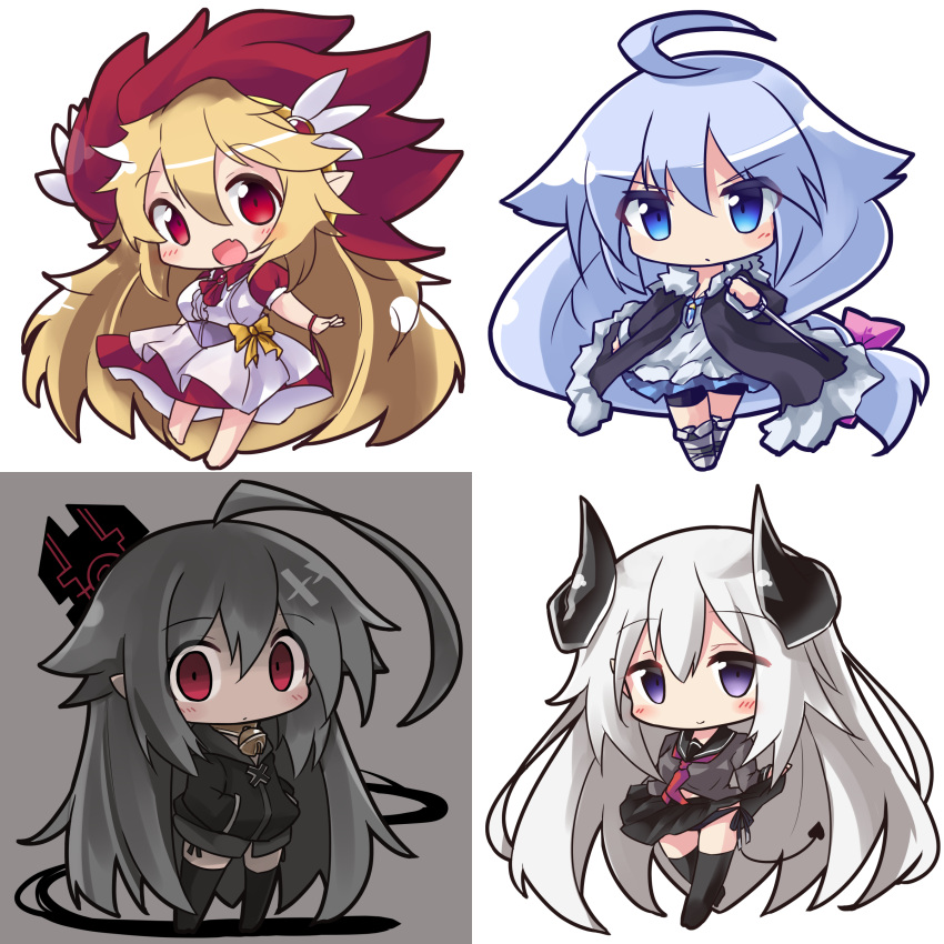 4girls :d absurdly_long_hair absurdres ahoge bangs barefoot bell black_jacket black_legwear black_panties black_sailor_collar black_shorts black_skirt blonde_hair blue_eyes blue_hair blush boots borrowed_character bow chibi closed_mouth commentary_request curled_horns dagger demon_girl demon_horns demon_tail dress eyebrows_visible_through_hair fang fur-trimmed_jacket fur_trim grey_footwear grey_hair grey_shirt hair_between_eyes hair_bow hair_ornament hands_in_pockets highres holding holding_dagger holding_weapon hood hood_down hooded_jacket horns jacket jingle_bell long_hair long_sleeves multicolored_hair multiple_girls neckerchief no_shoes open_clothes open_jacket open_mouth original panties pink_bow pleated_skirt pointy_ears puffy_short_sleeves puffy_sleeves red_eyes red_neckwear redhead ryogo sailor_collar school_uniform serafuku shirt short_shorts short_sleeves shorts shorts_under_dress side-tie_panties skirt smile tail thigh-highs two-tone_hair underwear very_long_hair violet_eyes weapon white_dress white_hair yellow_bow
