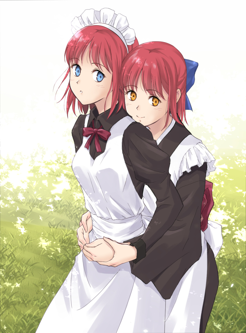 2girls :o akizuki565602 apron bangs blue_eyes blush bow bowtie breasts carnival_phantasm cute dappled_sunlight day dress eyebrows_visible_through_hair frilled_apron frills grass hair_bow highres hisui holding_hands hug hug_from_behind j.c._staff japanese_clothes kimono kohaku looking_at_viewer maid maid_apron maid_headdress multiple_girls orange_eyes outdoors pink_hair puffy_sleeves revision siblings sidelocks sisters smile sunlight tsukihime type-moon wa_maid wide_sleeves