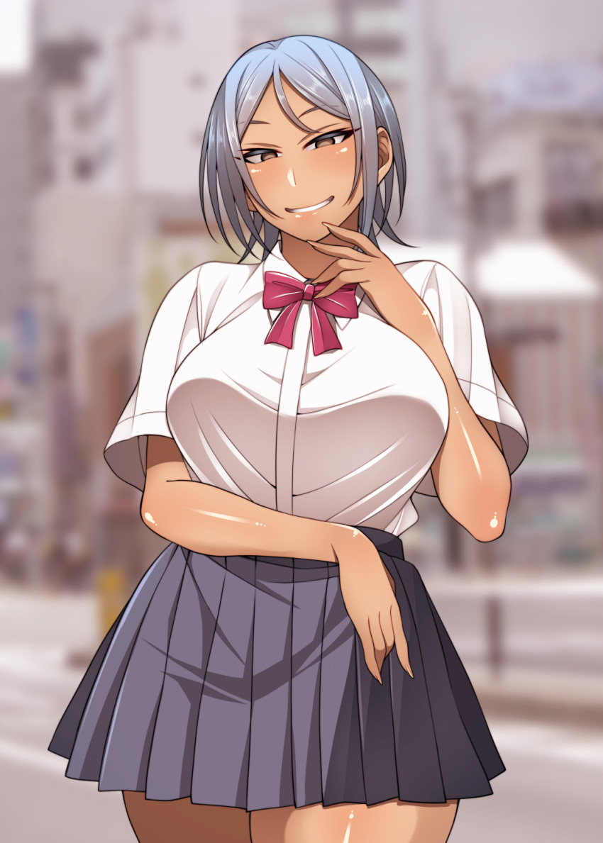 1girl blurry blurry_background bow bowtie breasts brown_eyes collared_shirt commentary_request cowboy_shot dress_shirt fingernails grey_hair grey_skirt grin half-closed_eyes hand_up high-waist_skirt highres korotsuke large_breasts long_fingernails looking_at_viewer miniskirt original pleated_skirt shiny shiny_hair shiny_skin shirt shirt_tucked_in short_hair short_sleeves skirt smile solo standing tan white_shirt wing_collar