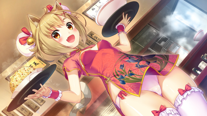 1girl akasaai animal_ears ayame_(nekomiko) bangs blonde_hair bow bow_legwear bow_panties breasts brown_eyes bun_cover china_dress chinese_clothes cleavage_cutout double_bun dress eyebrows eyebrows_visible_through_hair food frilled_legwear from_below game_cg highres holding holding_tray indoors looking_at_viewer nekomiko panties pantyshot pantyshot_(standing) pelvic_curtain red_dress short_dress short_eyebrows short_sleeves side_slit small_breasts solo standing thick_eyebrows thigh-highs tray turtleneck underwear upskirt white_legwear