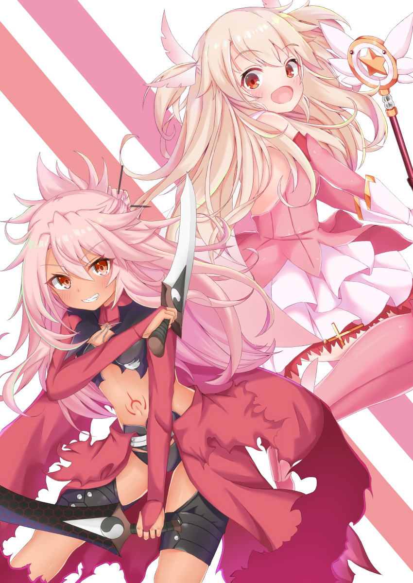 2girls absurdres bangs blonde_hair blush boots breasts chloe_von_einzbern fate/kaleid_liner_prisma_illya fate_(series) gloves hair_ornament highres holding illyasviel_von_einzbern kaleidostick long_hair looking_at_viewer magical_girl magical_ruby multiple_girls open_mouth pink_hair red_eyes rokita skirt small_breasts smile sword thigh-highs underwear weapon white_gloves