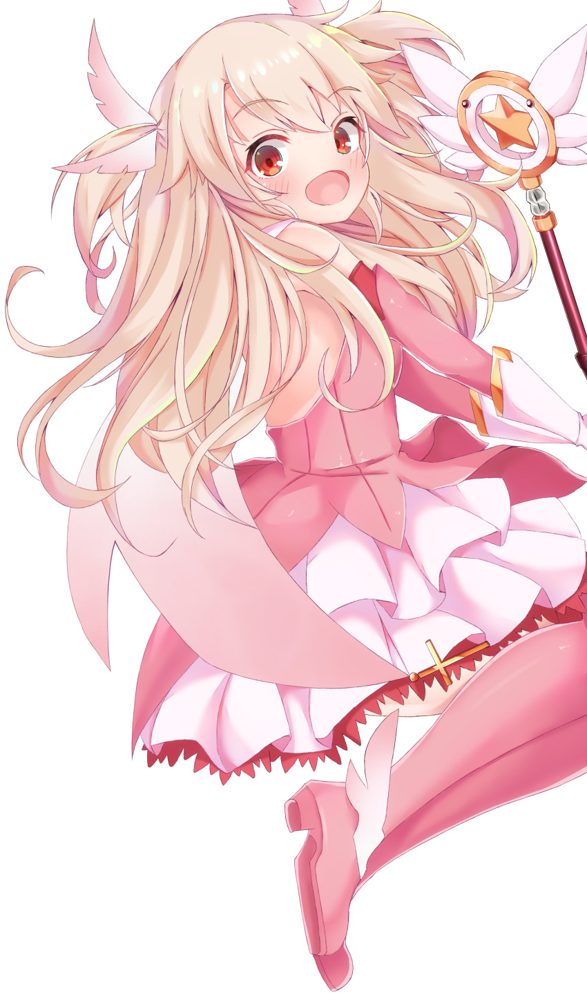 1girl absurdres blonde_hair blush boots breasts fate/kaleid_liner_prisma_illya fate_(series) feathers gloves hair_between_eyes highres illyasviel_von_einzbern kaleidostick long_hair looking_at_viewer magical_girl magical_ruby open_mouth prisma_illya red_eyes rokita skirt smile solo white_gloves