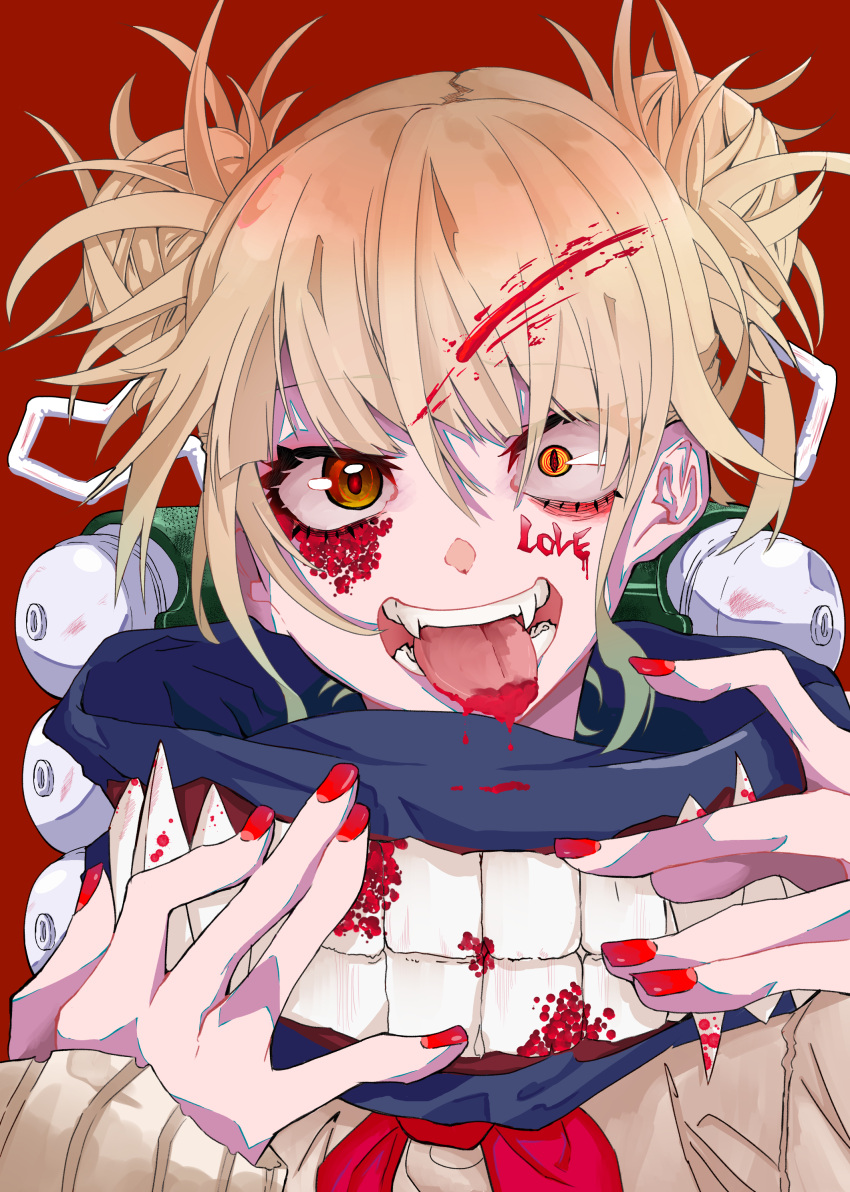 1girl absurdres ao_no_kitsune bangs blonde_hair blood blood_on_face bloody_hair blunt_bangs boku_no_hero_academia commentary_request double_bun eyebrows_visible_through_hair face fangs highres looking_at_viewer messy_hair red_background red_eyes red_nails scarf short_hair smile solo toga_himiko tongue tongue_out yellow_eyes