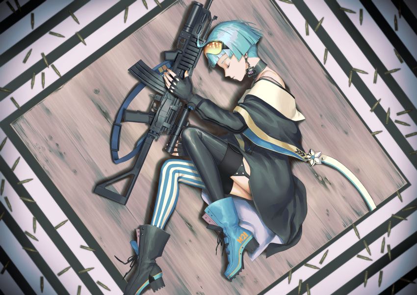 1girl ahoge assault_rifle black_gloves boots choker closed_eyes desk earrings fetal_position fingerless_gloves from_above full_body garter_straps girls_frontline gloves goggles goggles_on_head green_hair gun highres jewelry lying makkuro mismatched_footwear mismatched_legwear multicolored multicolored_nails nape on_desk on_side orange_goggles ribbon rifle scope short_hair skirt sleeping solo strap striped striped_background striped_legwear thigh-highs vertical-striped_legwear vertical_stripes weapon zas_m21_(girls_frontline) zastava_m21 zettai_ryouiki