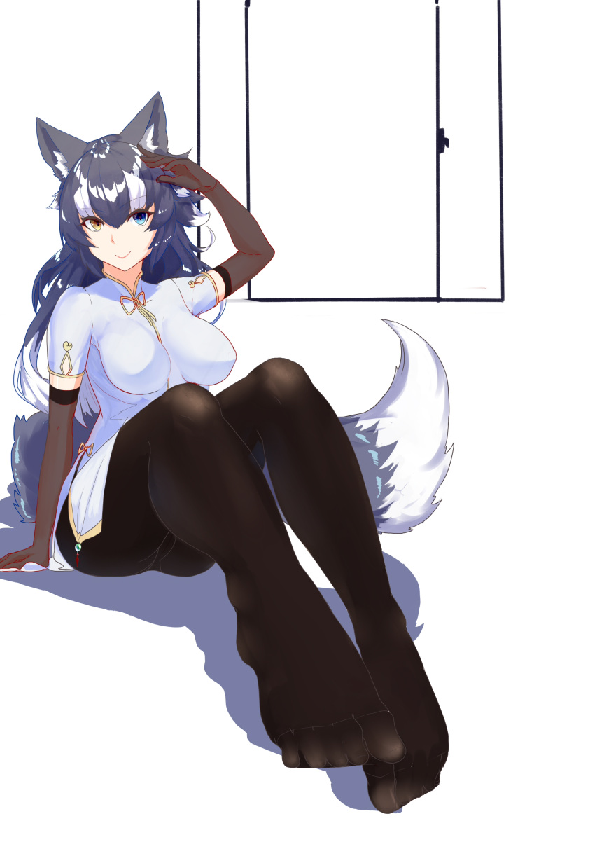 1girl absurdres alternate_costume animal_ears arm_support arm_up bangs black_hair black_legwear blue_eyes boy_(pixiv17542438) breasts chinese_clothes closed_mouth door elbow_gloves eyebrows_visible_through_hair full_body gloves grey_wolf_(kemono_friends) hair_between_eyes heterochromia highres kemono_friends knees_up looking_at_viewer medium_breasts multicolored_hair no_pants pantyhose short_sleeves simple_background sitting smile solo tail tangzhuang two-tone_hair white_background white_hair wolf_ears wolf_girl wolf_tail yellow_eyes