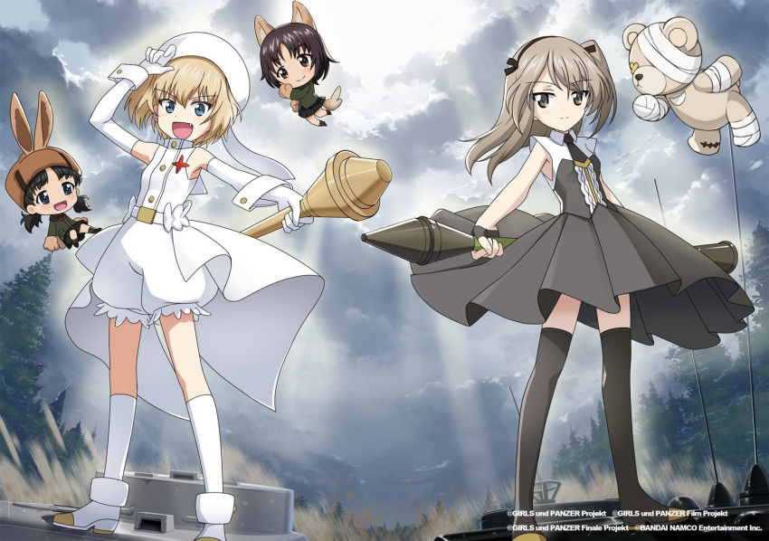 4girls :d alina_(girls_und_panzer) alternate_costume animal_ears arm_up bandages bangs black_dress black_footwear black_gloves black_legwear black_ribbon black_skirt blonde_hair blue_eyes boko_(girls_und_panzer) brown_eyes brown_hair brown_headwear bunny_tail chibi closed_mouth clouds cloudy_sky commentary_request copyright_name day dress elbow_gloves eyebrows_visible_through_hair fang fingerless_gloves floating fur_hat girls_und_panzer gloves green_jacket grey_sky ground_vehicle haiiro_purin hair_ribbon hat highres holding holding_weapon jacket katyusha kemonomimi_mode kneehighs light_brown_hair long_hair long_sleeves looking_at_viewer magical_girl medium_dress military military_vehicle motor_vehicle multiple_girls nina_(girls_und_panzer) object_behind_back official_art on_vehicle one_side_up open_mouth outdoors overskirt paw_gloves paws pleated_skirt rabbit_ears ribbon school_uniform shimada_arisu shoes short_hair short_jumpsuit short_twintails skirt sky sleeveless sleeveless_dress sleeveless_jumpsuit smile socks standing stuffed_animal stuffed_toy sunlight tail tank teddy_bear thigh-highs tree twintails ushanka watermark weapon white_footwear white_gloves white_jumpsuit white_legwear white_skirt wrist_cuffs