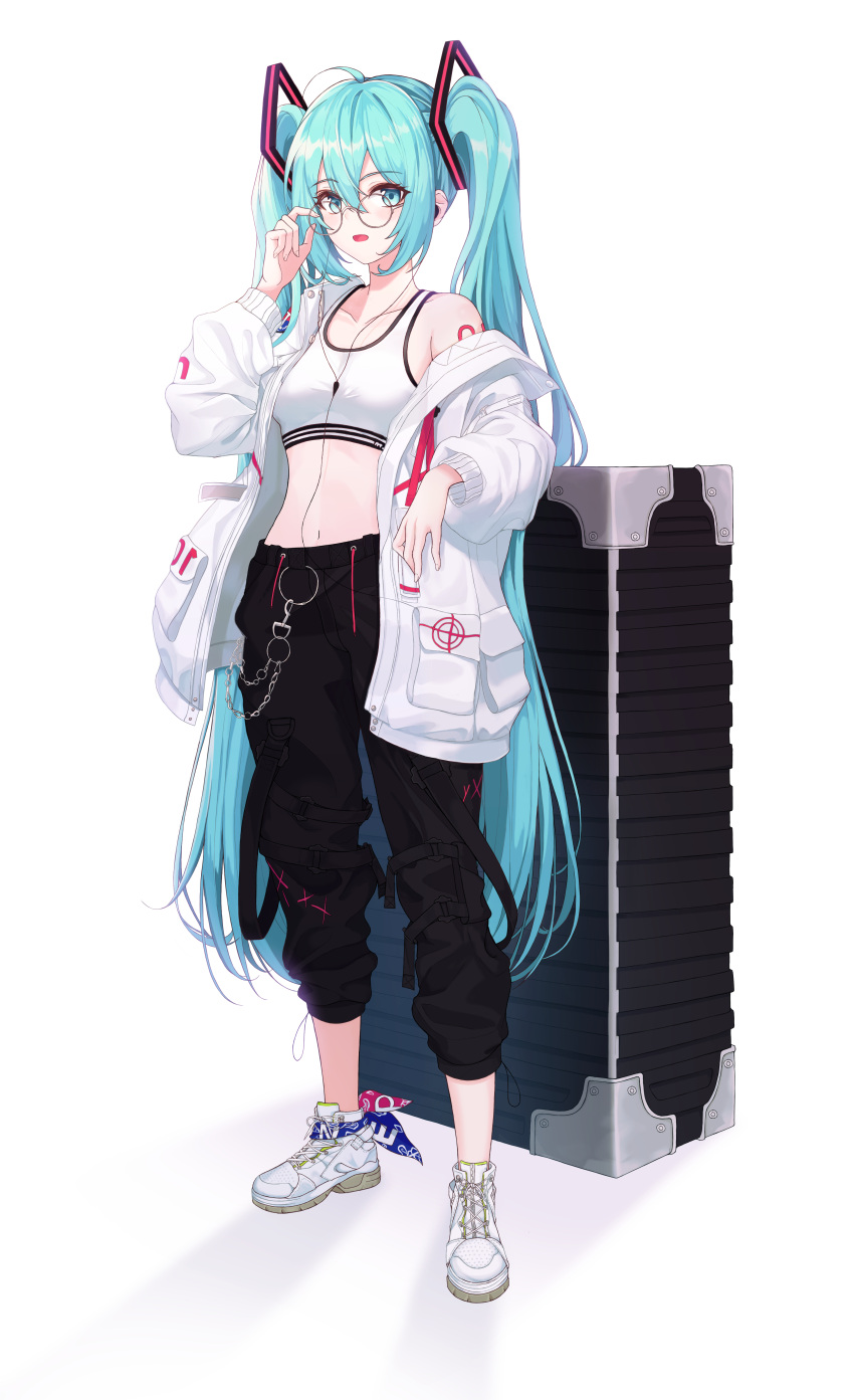 1girl absurdres alternate_costume aqua_eyes black_pants commentary_request earphones earphones eyebrows_visible_through_hair glasses hair_between_eyes hatsune_miku highres jacket long_hair long_sleeves looking_at_viewer midriff navel off_shoulder open_mouth pants rlawoals2588 shadow shoes simple_background solo sports_bra twintails very_long_hair vocaloid white_background white_footwear white_jacket white_sports_bra