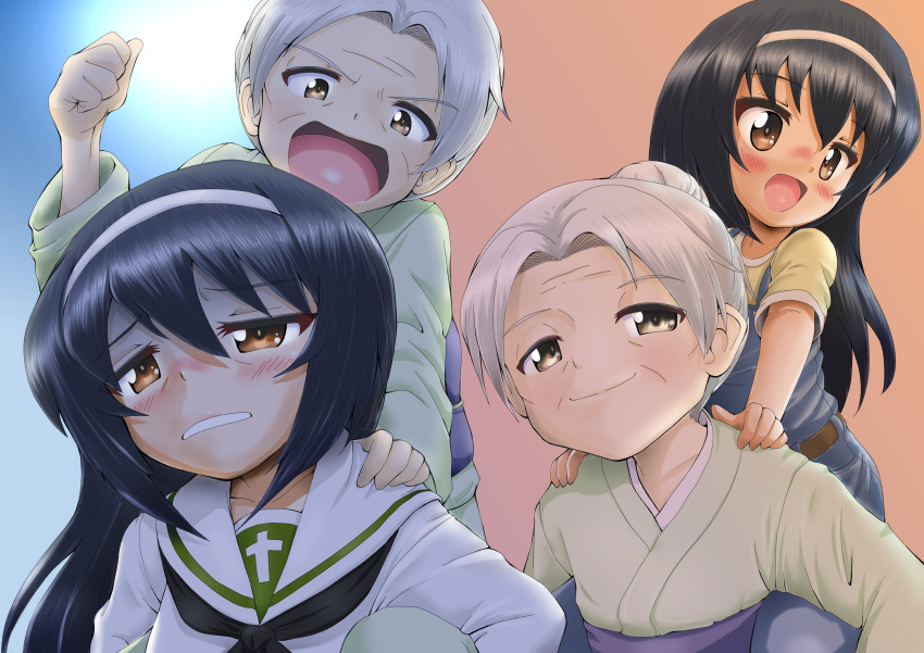 2girls :d absurdres bangs before_and_after black_hair black_neckwear blouse blush brown_eyes carrying clenched_hand closed_mouth commentary daxz240r eyebrows_visible_through_hair frown girls_und_panzer grandmother_and_granddaughter green_kimono grimace hair_bun hairband half-closed_eyes highres japanese_clothes kimono long_hair long_sleeves looking_at_another multiple_girls neckerchief obi ooarai_school_uniform open_mouth overalls parted_bangs parted_lips piggyback reizei_hisako reizei_mako role_reversal sash school_uniform serafuku shirt short_hair short_sleeves silver_hair smile v-shaped_eyebrows white_blouse white_hairband yellow_shirt younger