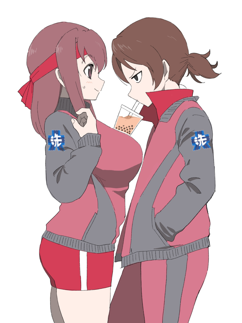 2girls absurdres annoyed ass breast_envy breasts brown_eyes brown_hair bubble_tea_challenge character_request girls_und_panzer hands_in_pocket headband highres jacket kondou_taeko large_breasts long_hair multiple_girls red_headband simple_background smile solo thighs white_background yabai_gorilla
