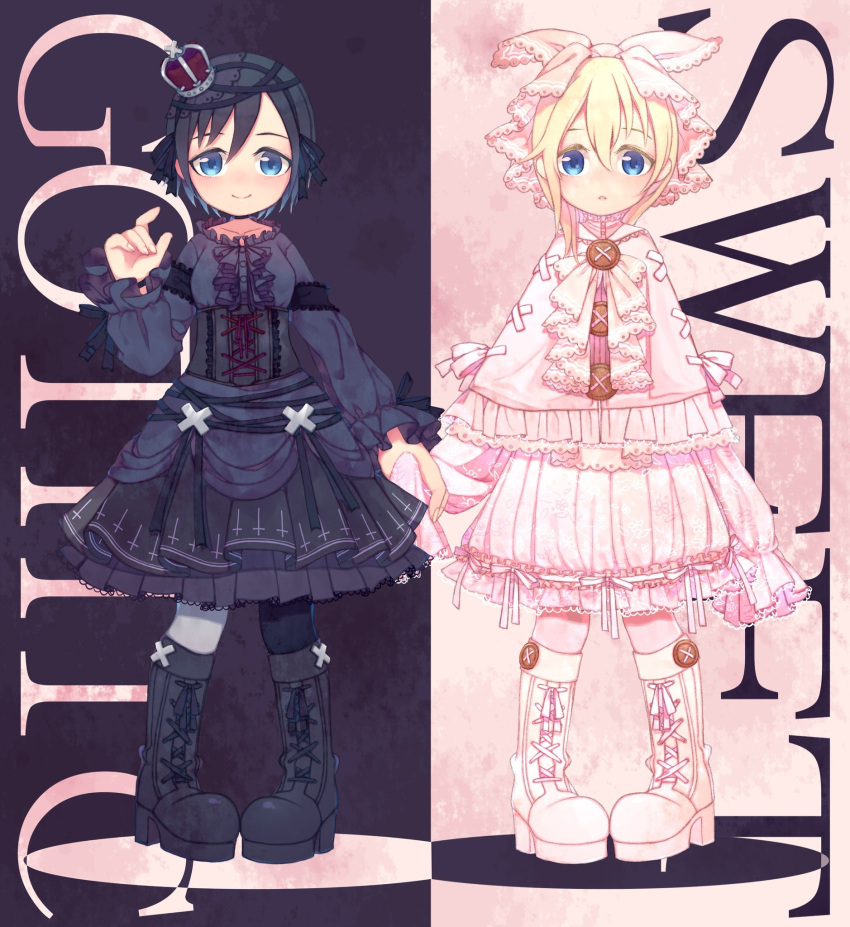 2girls :o alternate_costume bangs black_choker black_dress black_footwear black_hair black_hairband black_legwear black_ribbon blonde_hair blue_eyes boots center_frills choker closed_mouth corset cross-laced_footwear crown dress fingernails full_body gothic_lolita hair_between_eyes hair_ribbon hairband hand_up highres kingdom_hearts knee_boots lace-up_boots lolita_fashion long_sleeves looking_at_viewer mini_crown mismatched_legwear multiple_girls namine no_nose open_mouth pigeon-toed pink_dress pink_legwear pink_ribbon ribbon shi_chi_41 short_hair sleeves_past_fingers sleeves_past_wrists smile standing tareme white_footwear white_legwear white_ribbon xion_(kingdom_hearts)