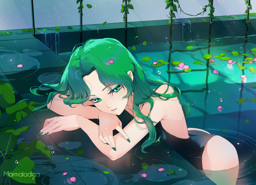 1girl bishoujo_senshi_sailor_moon black_swimsuit closed_mouth green_eyes green_hair green_nails kaiou_michiru leaning_forward light_smile long_hair marmalade_(elfless_vanilla) nail_polish petals pool solo swimsuit