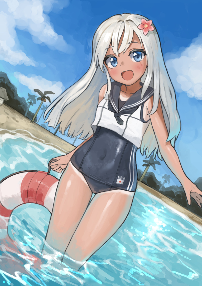 1girl :d absurdres bangs bare_shoulders beach blue_eyes blue_sky blush bracelet breasts clouds collarbone commentary_request crop_top day eyebrows_visible_through_hair flower hair_flower hair_ornament highres holding jewelry kantai_collection lifebuoy long_hair looking_at_viewer one-piece_swimsuit one-piece_tan open_mouth outdoors ro-500_(kantai_collection) sailor_collar school_swimsuit school_uniform seojinhui serafuku sky smile solo standing swimsuit swimsuit_under_clothes tan tanline tree wading water