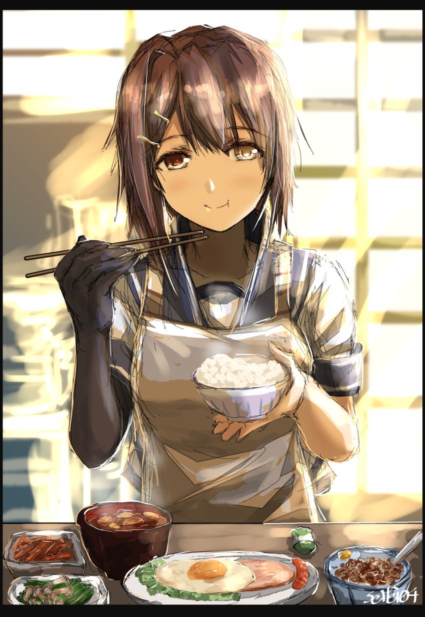 1girl apron bangs black_bodysuit black_border blush bodysuit border bowl breasts brown_eyes brown_hair chopsticks eyebrows_visible_through_hair food food_in_mouth fried_egg furutaka_(kantai_collection) hair_ornament hairclip ham heterochromia highres holding holding_bowl holding_chopsticks indoors kantai_collection remodel_(kantai_collection) rice rice_bowl sausage school_uniform seitei_(04seitei) serafuku short_sleeves solo twitter_username upper_body yellow_eyes