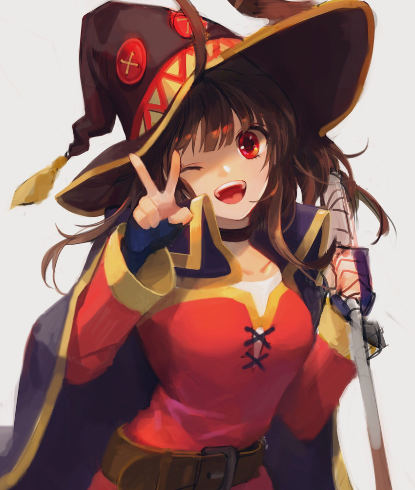 1girl bandages bangs belt black_hair breasts brown_belt cape collarbone commentary commentary_request dress fingerless_gloves gloves hat highres kono_subarashii_sekai_ni_shukufuku_wo! long_sleeves looking_at_viewer medium_breasts megumin one_eye_closed open_mouth red_eyes short_hair simple_background solo taak_choi upper_teeth v white_background witch_hat work_in_progress