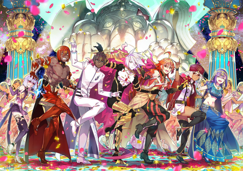 \m/ ahoge arjuna_(fate/grand_order) ashwatthama_(fate/grand_order) bollywood brown_hair chest_jewel column commentary_request country_connection dancing dark_skin dark_skinned_male faceless faceless_female fate/apocrypha fate/grand_order fate_(series) ganesha_(fate) gloves hand_on_another's_head hat highres india indian_clothes kama_(fate/grand_order) karna_(fate) lakshmibai_(fate/grand_order) long_skirt matou_sakura midriff navel pants parvati_(fate/grand_order) petals pillar purple_hair rama_(fate/grand_order) redhead redrop skirt statue thigh-highs white_gloves white_hair