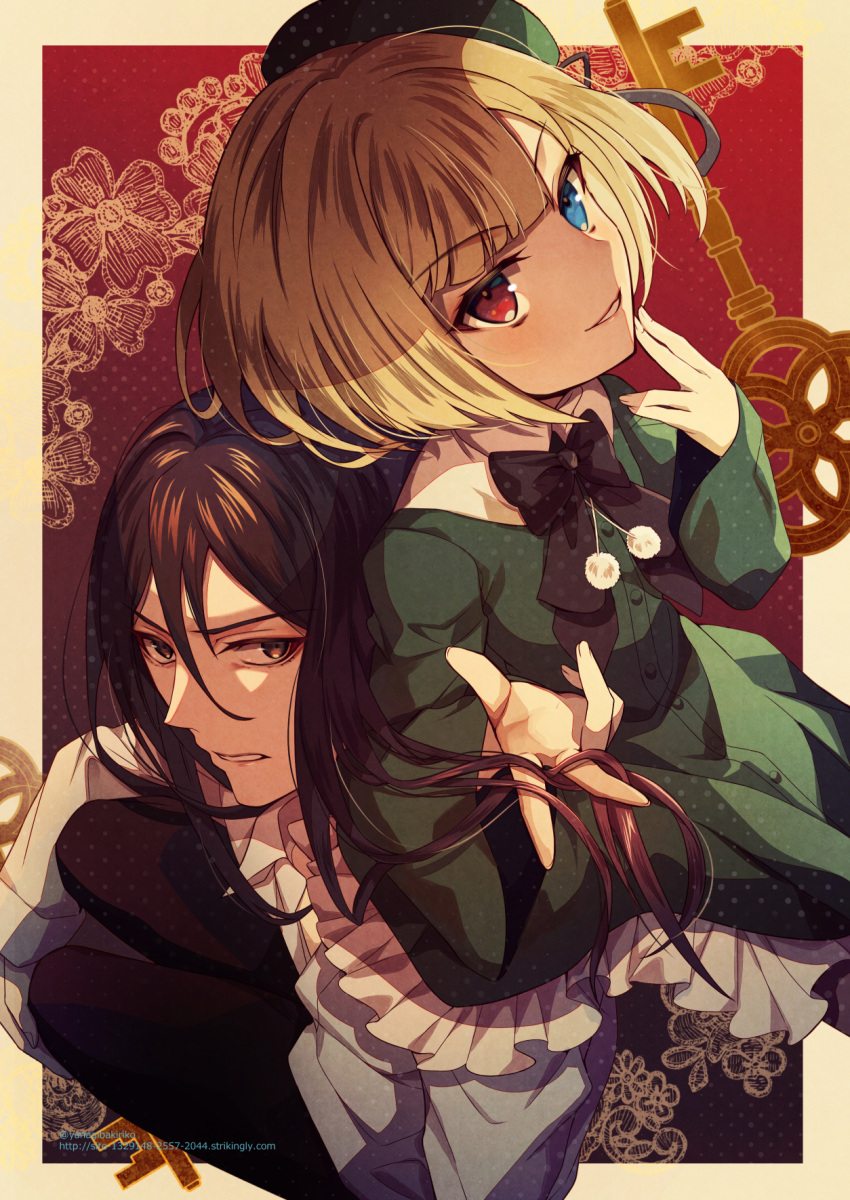 1boy 1girl bangs black_bow black_hair blonde_hair blue_eyes bow commentary_request dress eyebrows_visible_through_hair fate_(series) floral_print frills green_dress green_headwear hair_between_eyes hat heterochromia highres key long_hair long_sleeves looking_at_viewer lord_el-melloi_ii_case_files red_eyes reines_el-melloi_archisorte shirt short_hair smile waver_velvet white_shirt yanagiba_kiriko