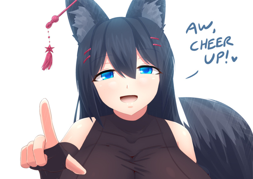 1girl animal_ear_fluff animal_ears artist_request black_hair blue_eyes copyright_request english_text eyebrows_visible_through_hair fingerless_gloves fox_ears fox_girl fox_tail kiri_(sub-res) large_breasts looking_at_viewer original smile sub-res