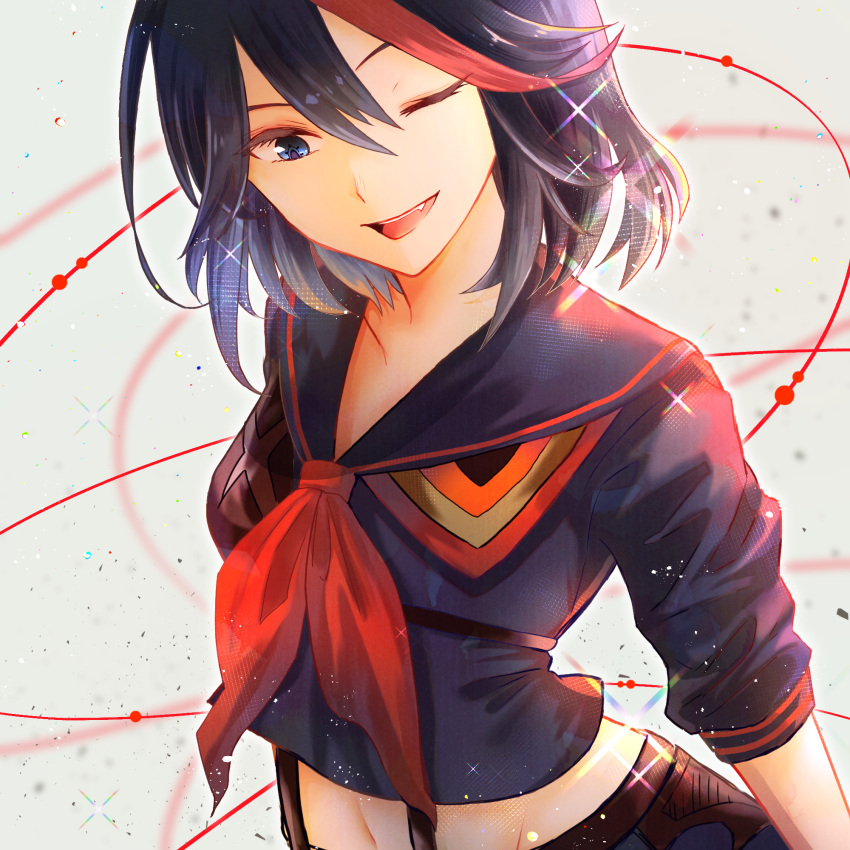 1girl ;d black_hair black_sailor_collar black_shirt blue_eyes collarbone highlights highres kill_la_kill matoi_ryuuko mel-melty midriff multicolored_hair navel neckerchief one_eye_closed open_mouth red_neckwear sailor_collar senketsu shirt short_hair short_sleeves smile solo sparkle stomach upper_body